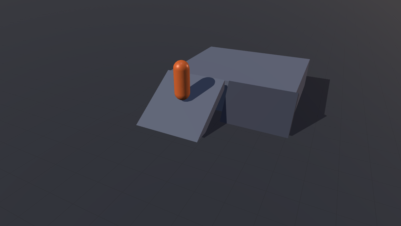 An orange capsule standing half way up a pale 30-degree ramp that leads to a raised platform, with a much steeper dark ramp beside it, on a grid floor.