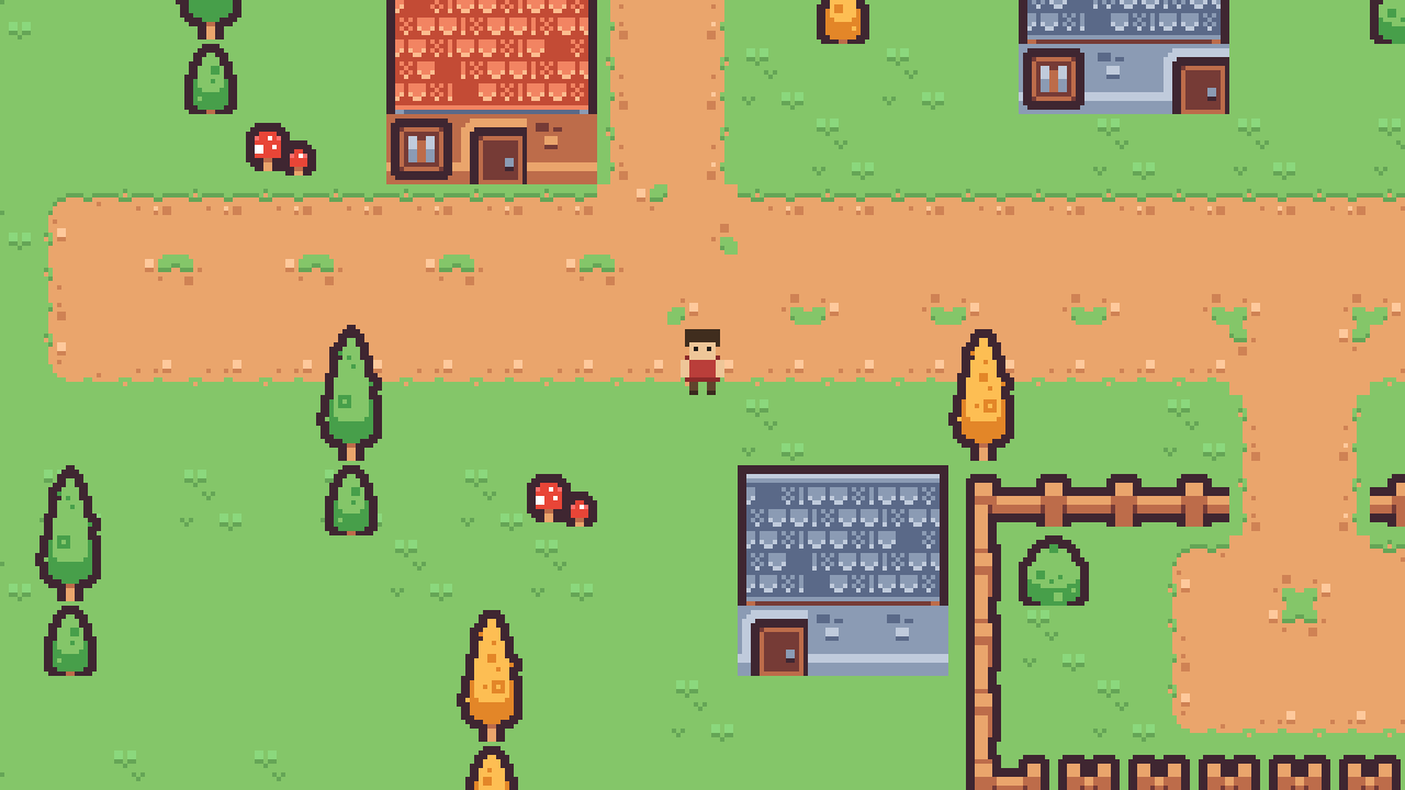 A pixel-art village seen from above: a wide dirt lane crossing the frame with a spur running north, red and grey cottages with tiled roofs along it, autumn and pine trees, mushrooms and a fenced paddock, and a small villager in a red tunic standing on the lane.